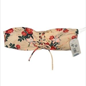 Roxy pink floral strapless bandeau bikini swim top size medium NWT
